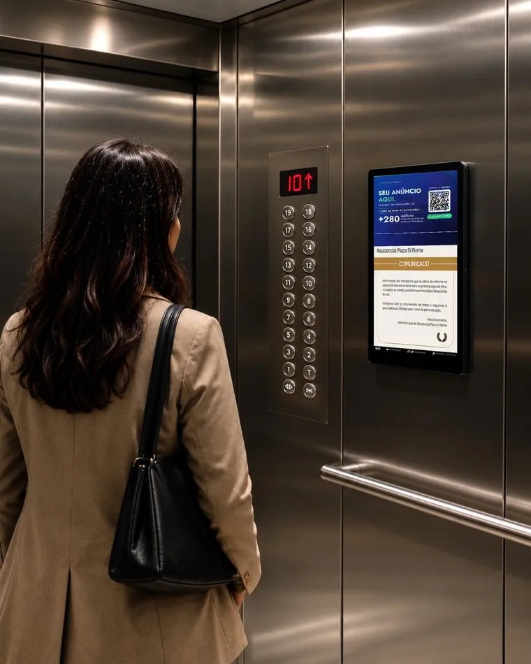 Tela digital da Plena no elevador de um condomínio